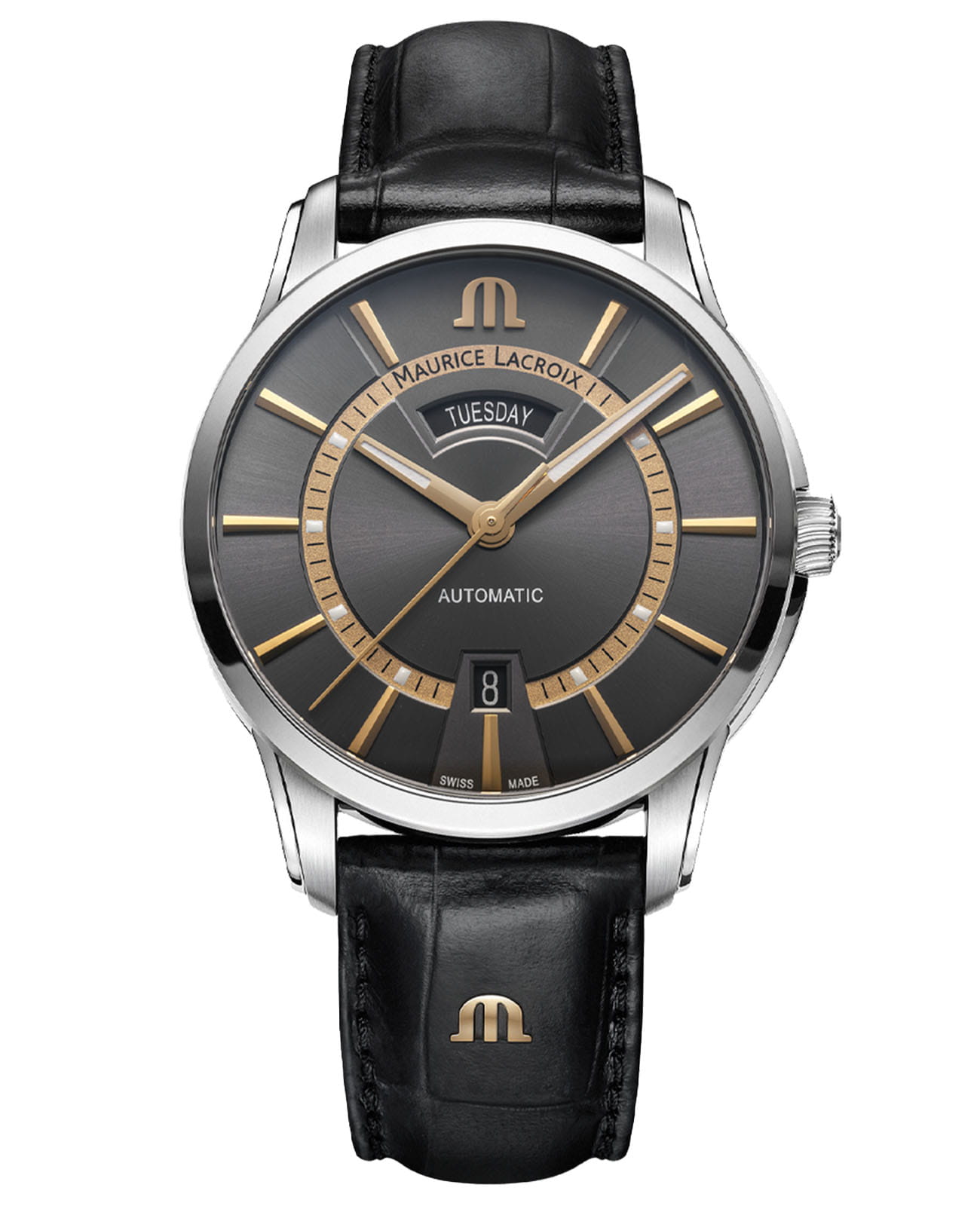 Maurice Lacroix Maurice Lacroix Pontos Day Date PT6358-SS001-333-2  PT6358-SS001-333-2 механические мужские часы черный циферблат, браслет кожаный — вид спереди