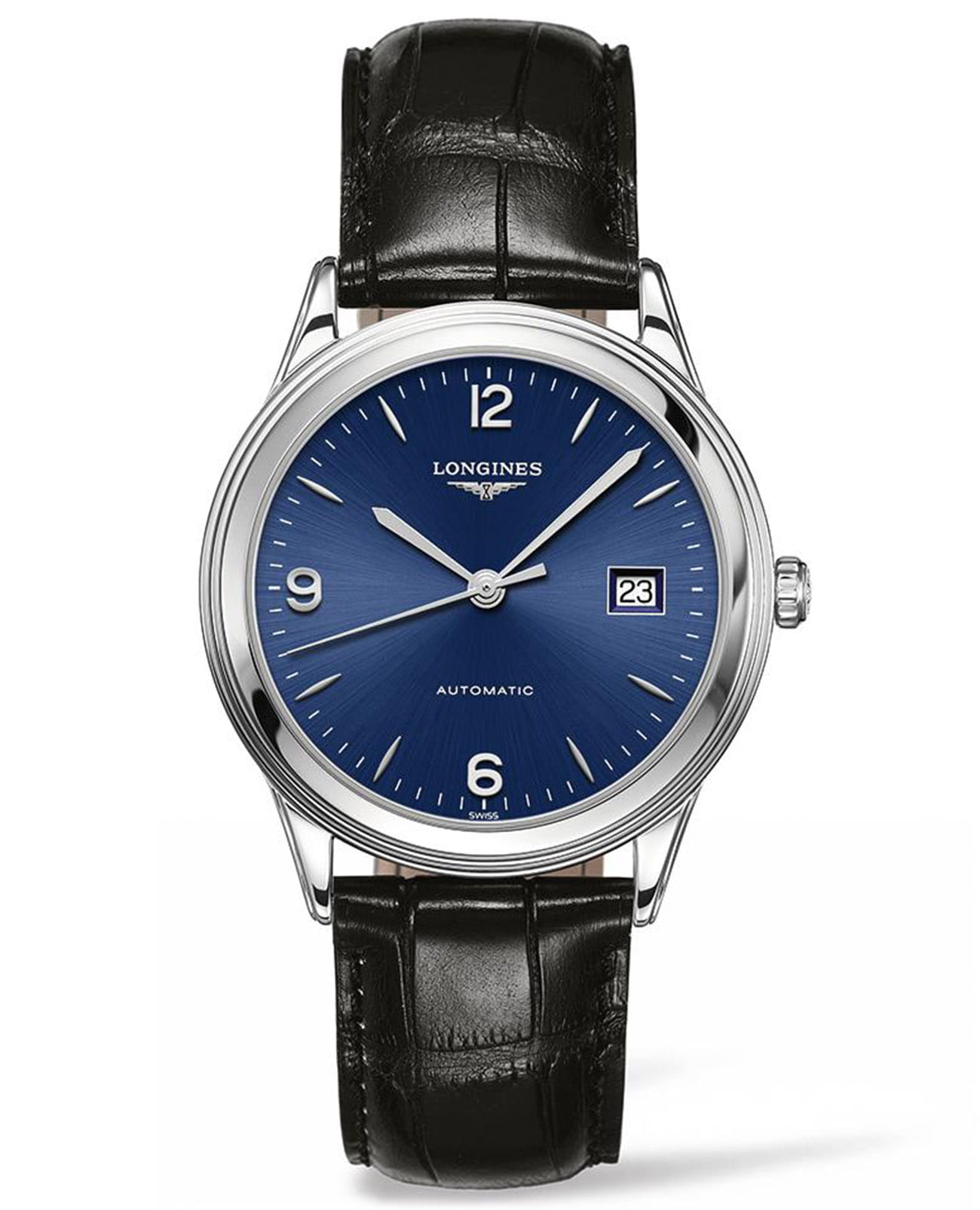 Longines Longines Flagship L4.874.4.96.2  L48744962 механические мужские часы синий циферблат, браслет кожаный — вид спереди