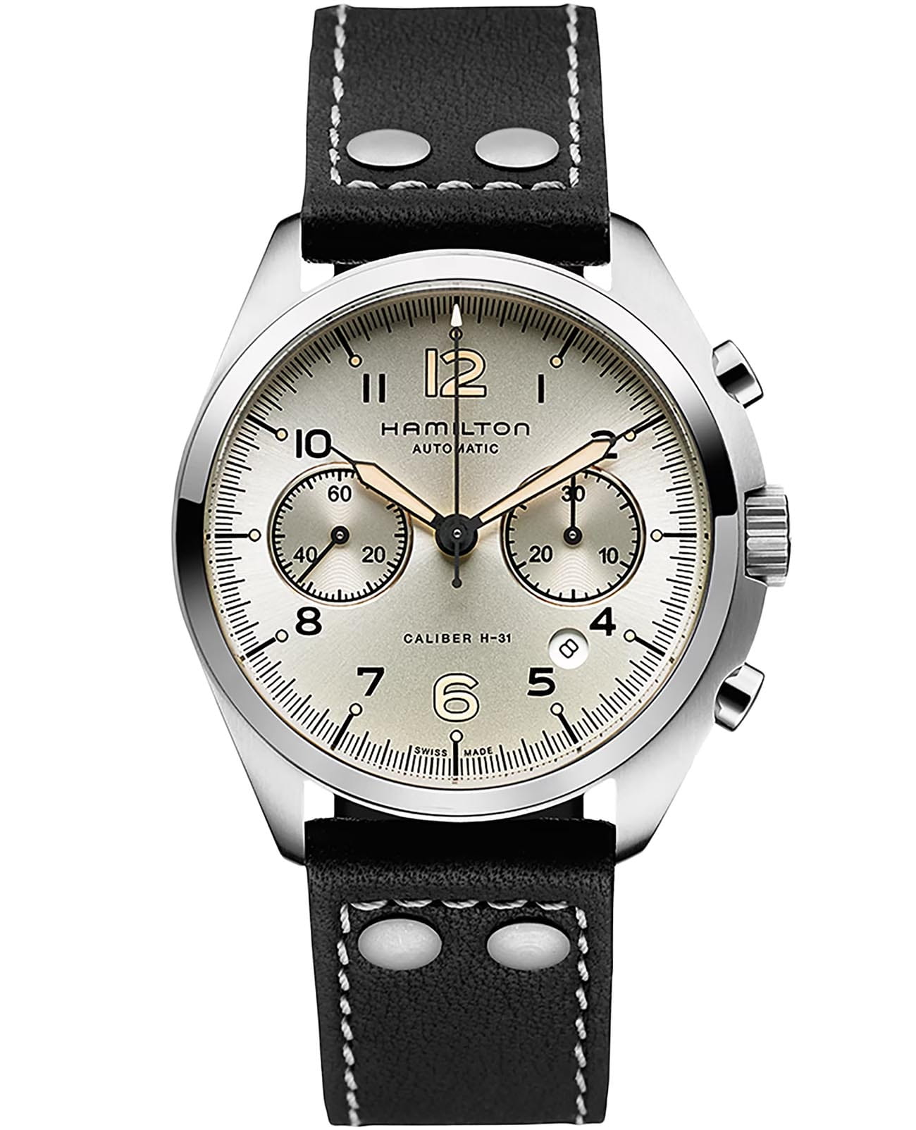 Hamilton Hamilton Khaki Aviation Pilot Pioneer Auto Chrono H76416755  H76416755 механические мужские часы бежевый циферблат, браслет кожаный — вид спереди