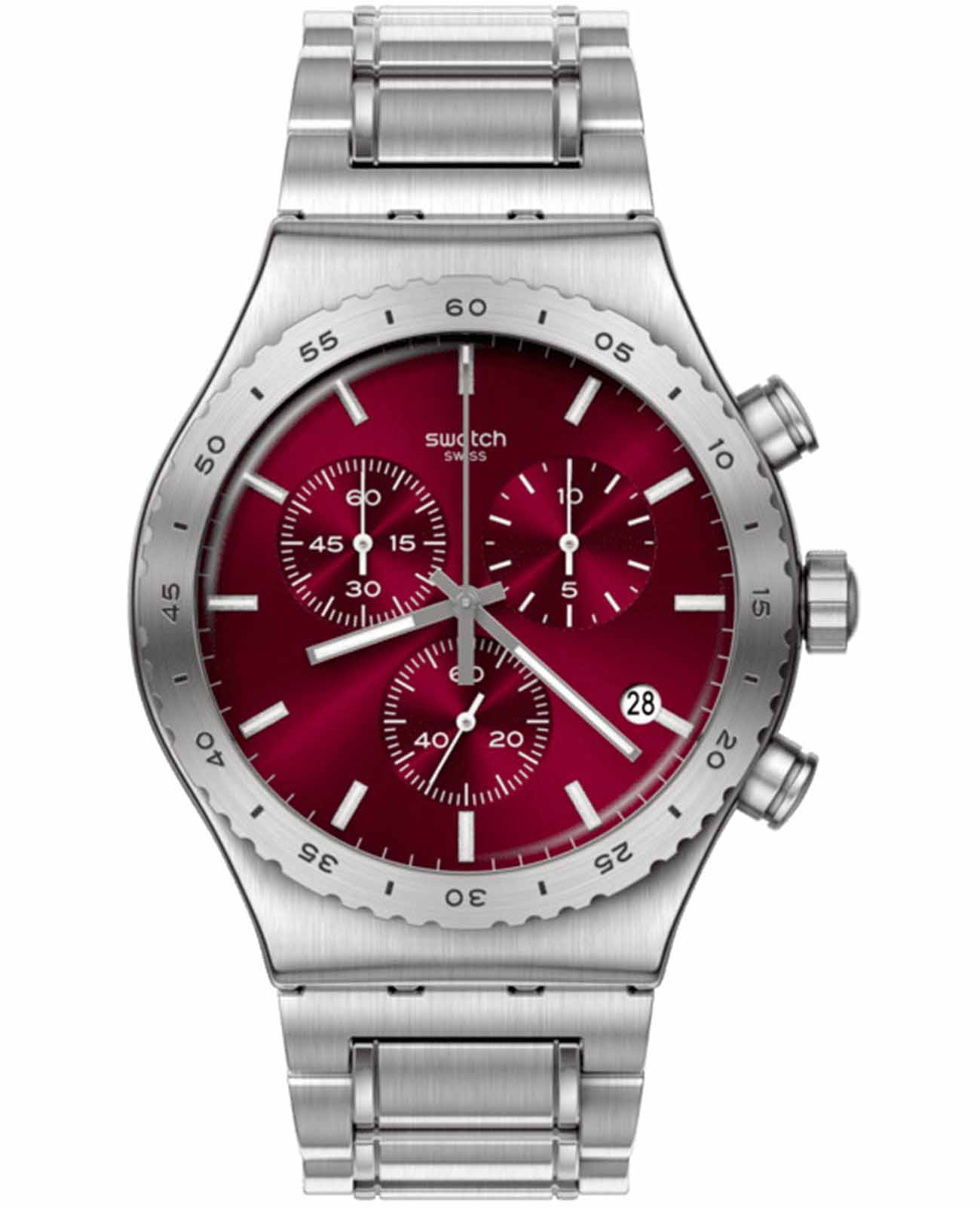 Swatch Swatch I New Chrono YVS499G  YVS499G кварцевые мужские часы красный циферблат, браслет нержавеющая сталь — вид спереди