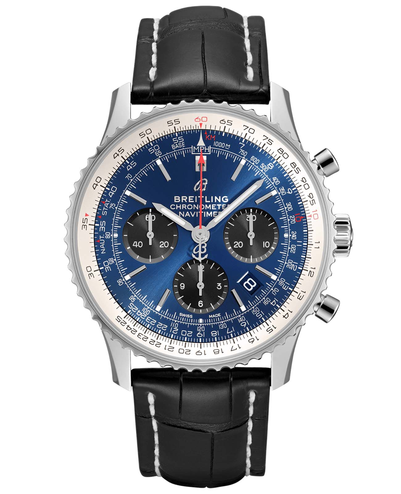 Breitling Breitling Navitimer B01 Chronograph 43 AB0121211C1P1  AB0121211C1P1 механические мужские часы синий циферблат, браслет кожаный — вид спереди