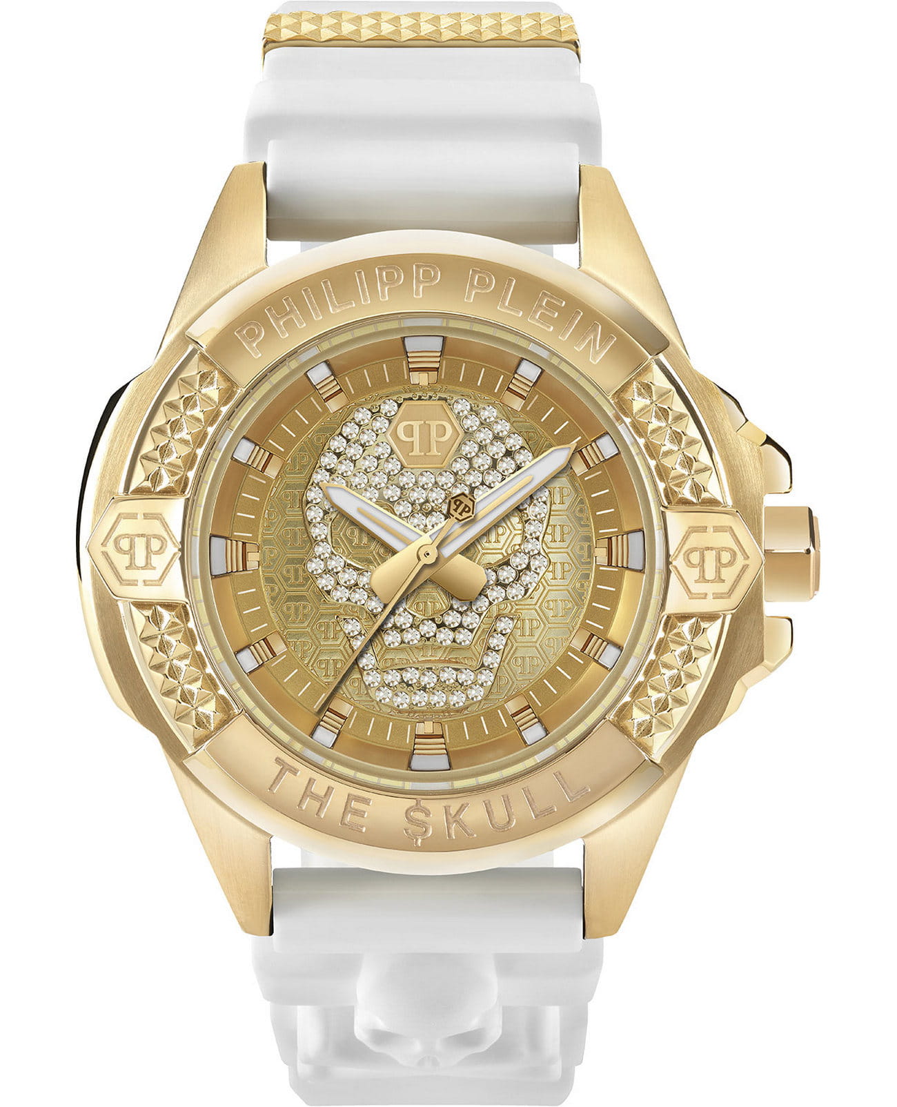 Philipp Plein Philipp Plein The Skull PWAAA1221  PWAAA1221 кварцевые мужские часы золотой циферблат, браслет силикон — вид спереди