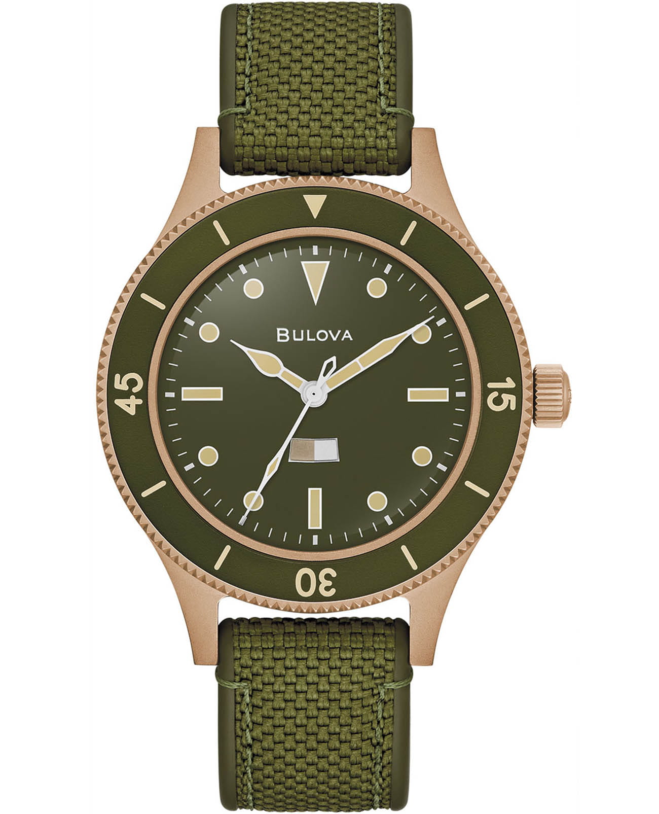 Bulova Bulova Mil-Ships 98A324  98A324 механические мужские часы зеленый циферблат, браслет нейлон — вид спереди