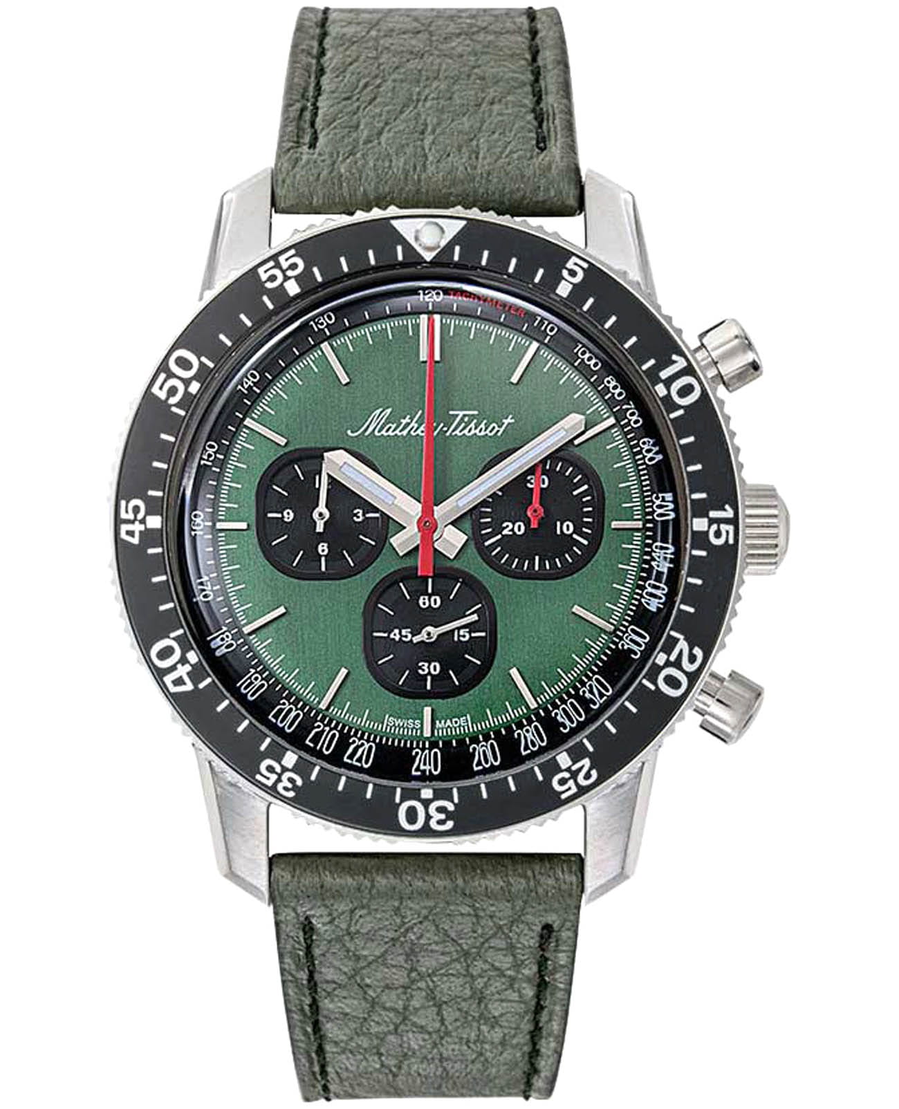 Mathey-Tissot Mathey-Tissot Type 1968 TYPE1968VE  TYPE1968VE механические мужские часы зеленый циферблат, браслет кожаный — вид спереди