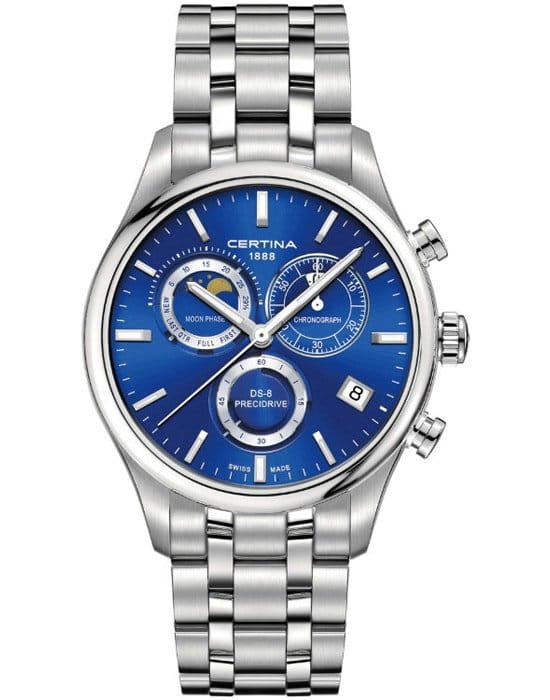 Certina Certina DS-8 Chronograph Moon Phase C033.450.11.041.00 DS 8 C0334501104100 кварцевые мужские часы синий циферблат, браслет 18-каратное желтое золото — вид спереди