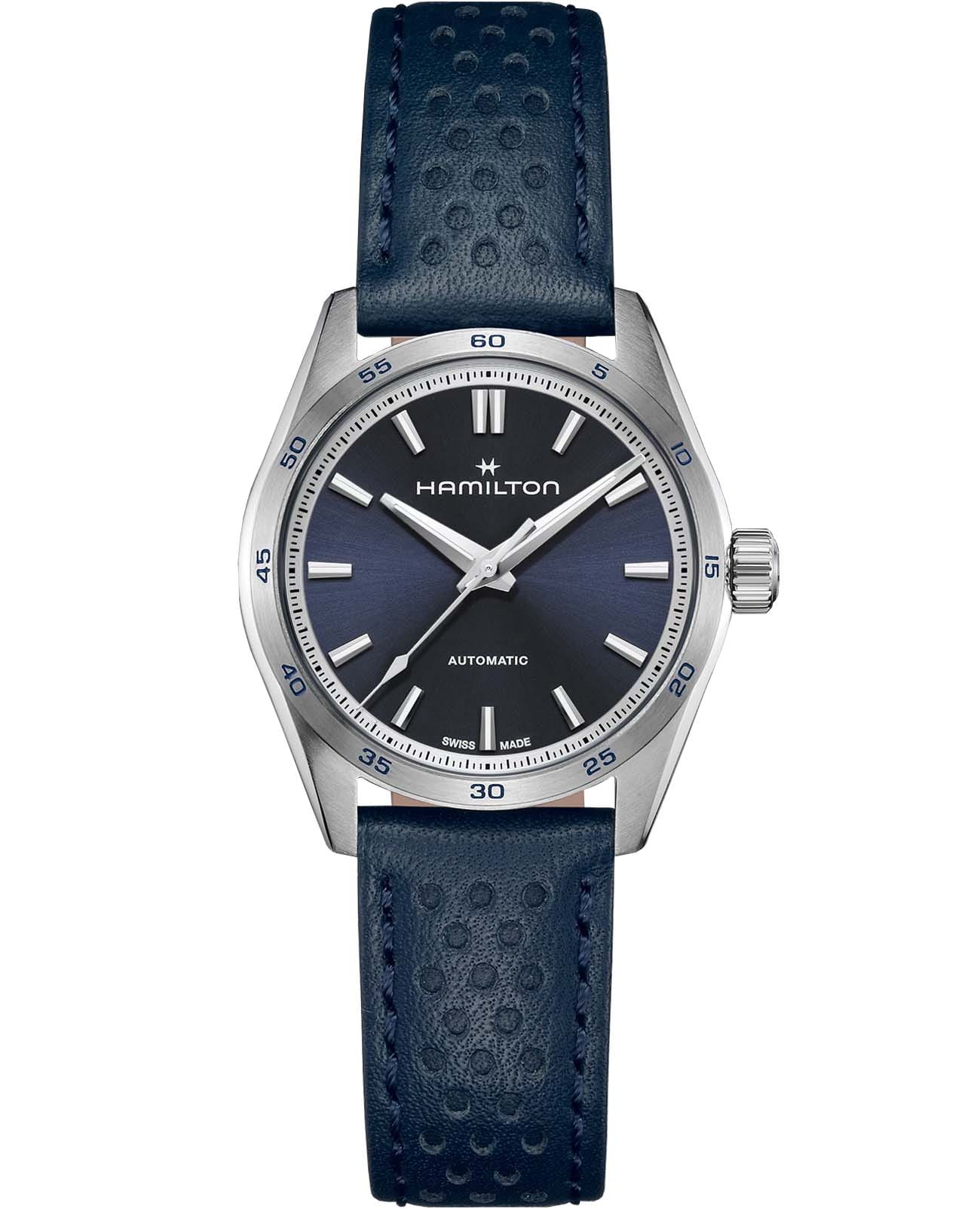Hamilton Hamilton Jazzmaster Performer Auto H36115640  H36115640 механические мужские часы синий циферблат, браслет кожаный — вид спереди