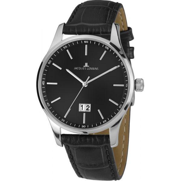 Jacques Lemans Jacques Lemans 1-1862A  1-1862A кварцевые мужские часы черный циферблат, браслет кожаный — вид спереди