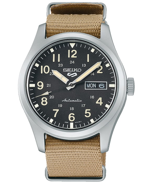 Seiko Seiko 5 Sports Field series SRPG35K1 Field SRPG35K1 механические мужские часы черный циферблат, браслет тканевый — вид спереди