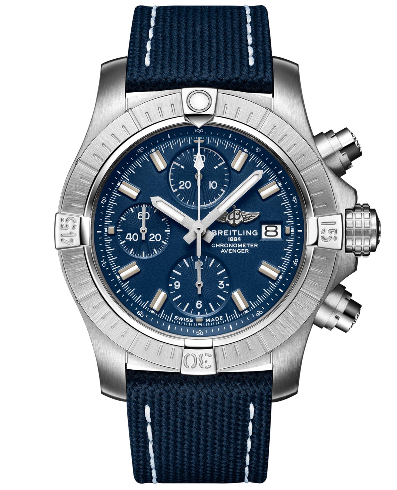 Breitling Breitling Avenger Chronograph 43 A13385101C1X2  A13385101C1X2 механические мужские часы синий циферблат, браслет кожаный — вид спереди