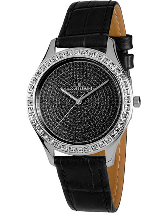 Jacques Lemans Jacques Lemans 1-1841ZD  1-1841ZD кварцевые женские часы черный циферблат, браслет кожаный — вид спереди