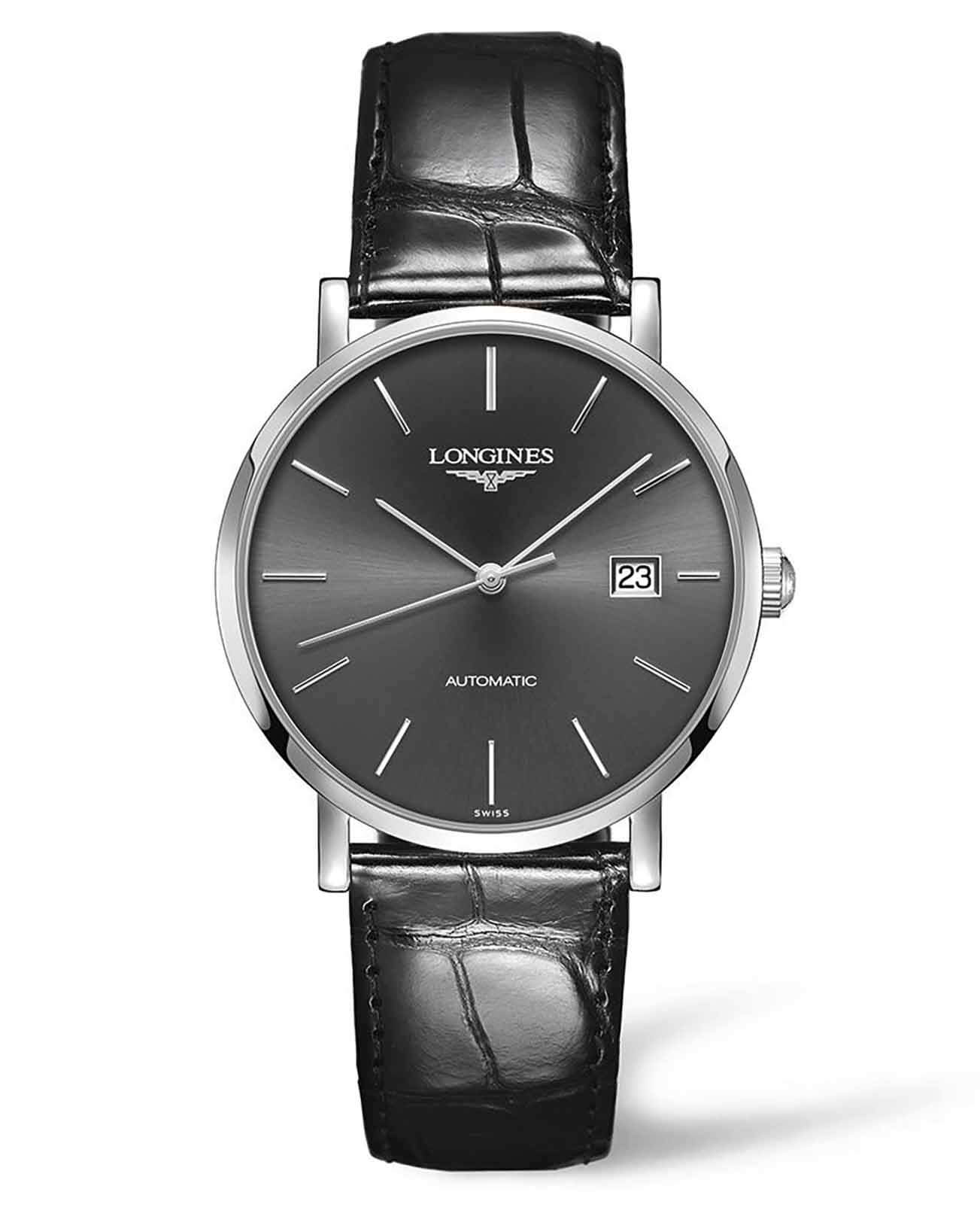 Longines Longines Elegant Collection L4.910.4.72.2  L49104722 механические мужские часы серый циферблат, браслет кожаный — вид спереди