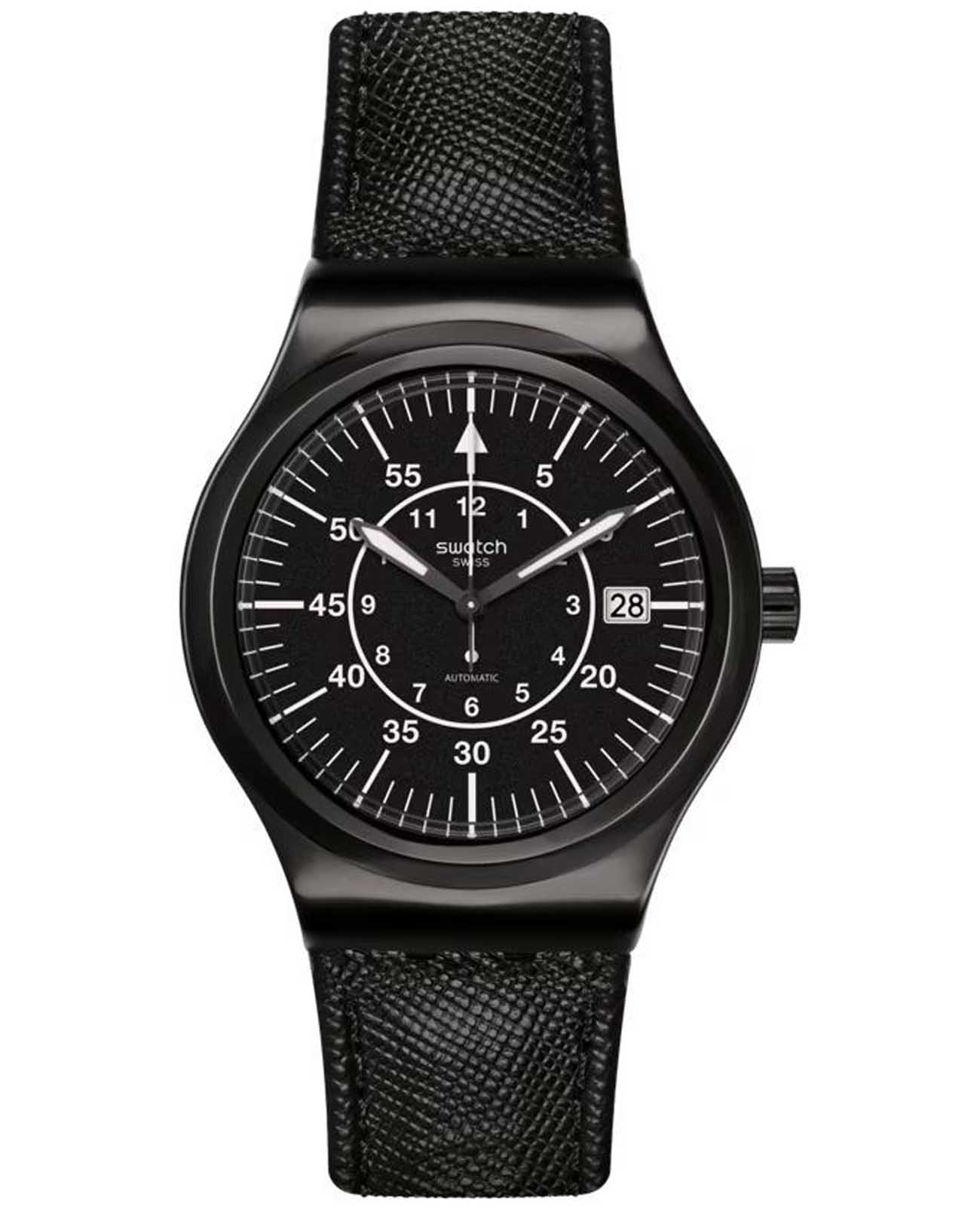 Swatch Swatch Irony Sistem51 YIB400  YIB400 механические мужские часы черный циферблат, браслет кожаный — вид спереди