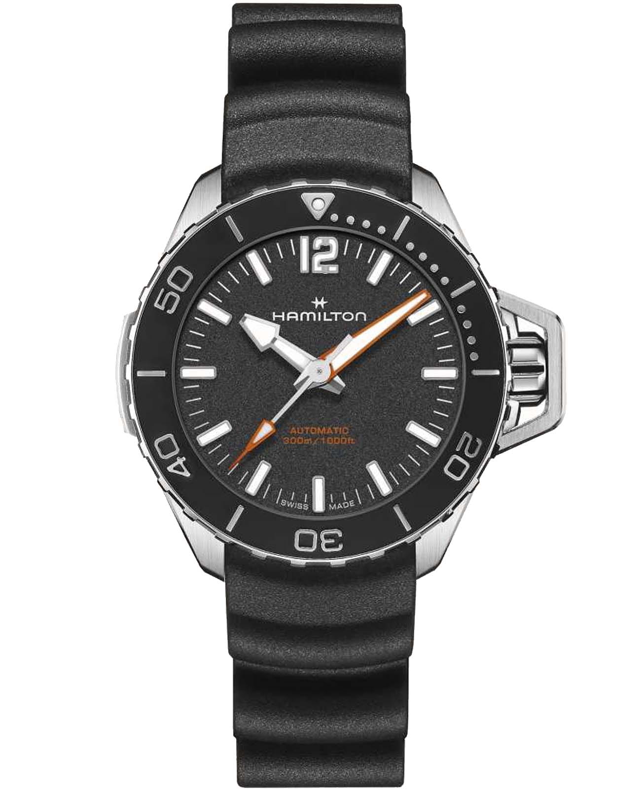 Hamilton Hamilton Khaki Navy Frogman Auto H77455330  H77455330 механические мужские часы черный циферблат, браслет каучук — вид спереди