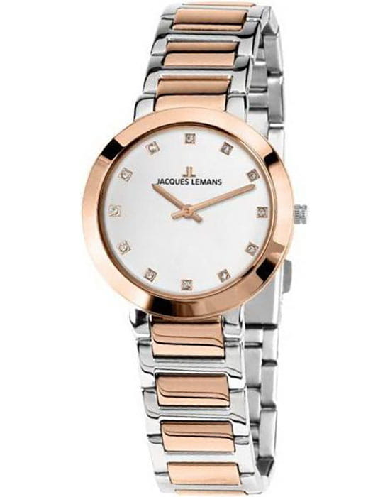 Jacques Lemans Jacques Lemans 1-1842N  1-1842N кварцевые женские часы белый циферблат, браслет сталь с ip покрытием — вид спереди