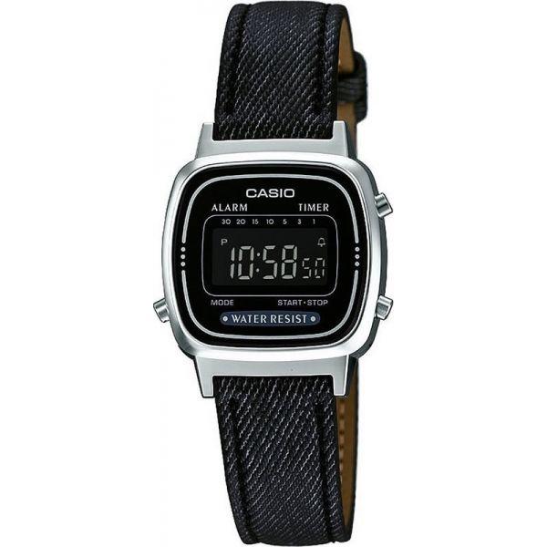 Casio Casio Illuminator LA670WEL-1B  LA670WEL-1B кварцевые женские часы черный циферблат, браслет кожа + текстиль — вид спереди