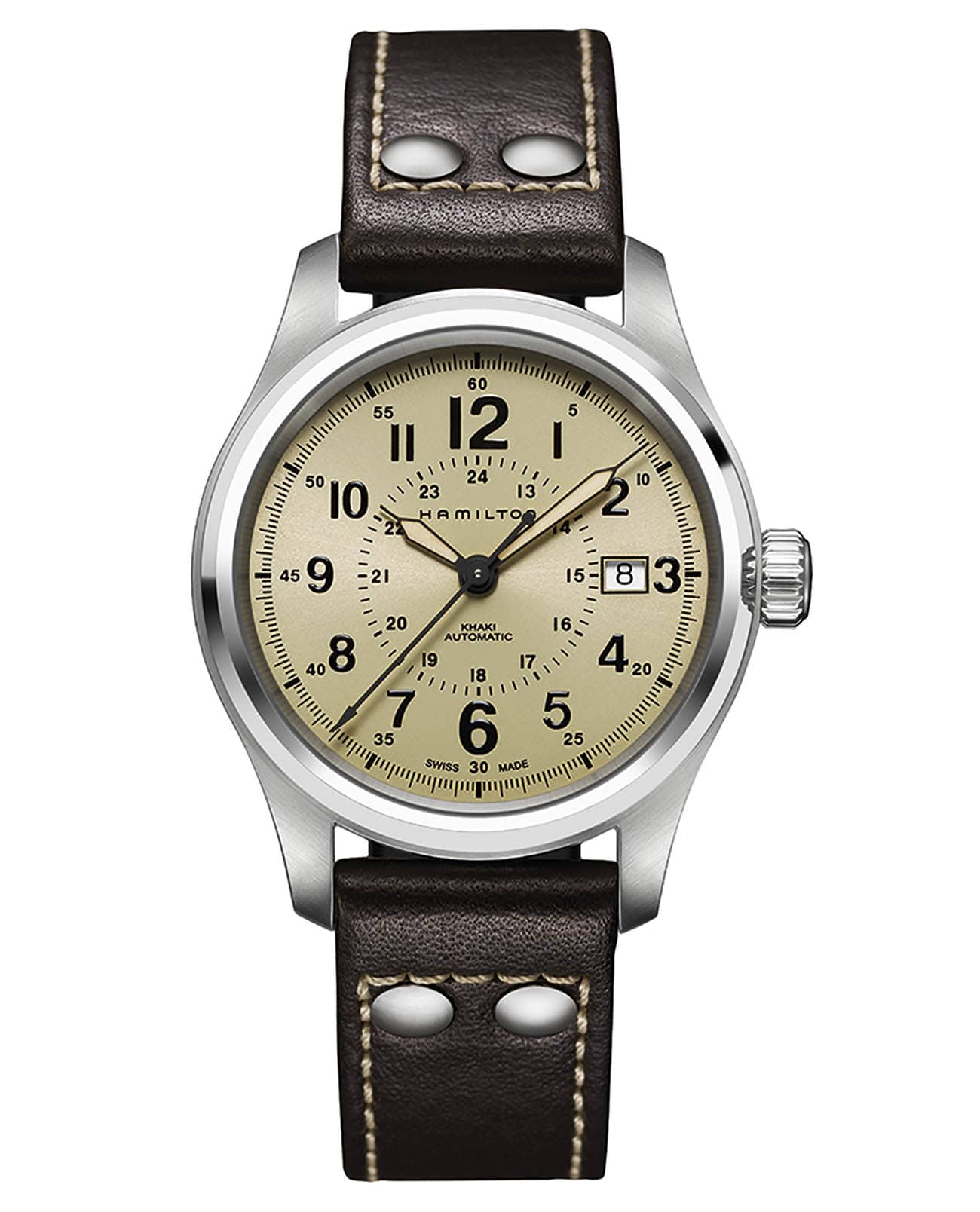 Hamilton Hamilton Khaki Field Auto H70595523  H70595523 механические мужские часы черный циферблат, браслет кожаный — вид спереди