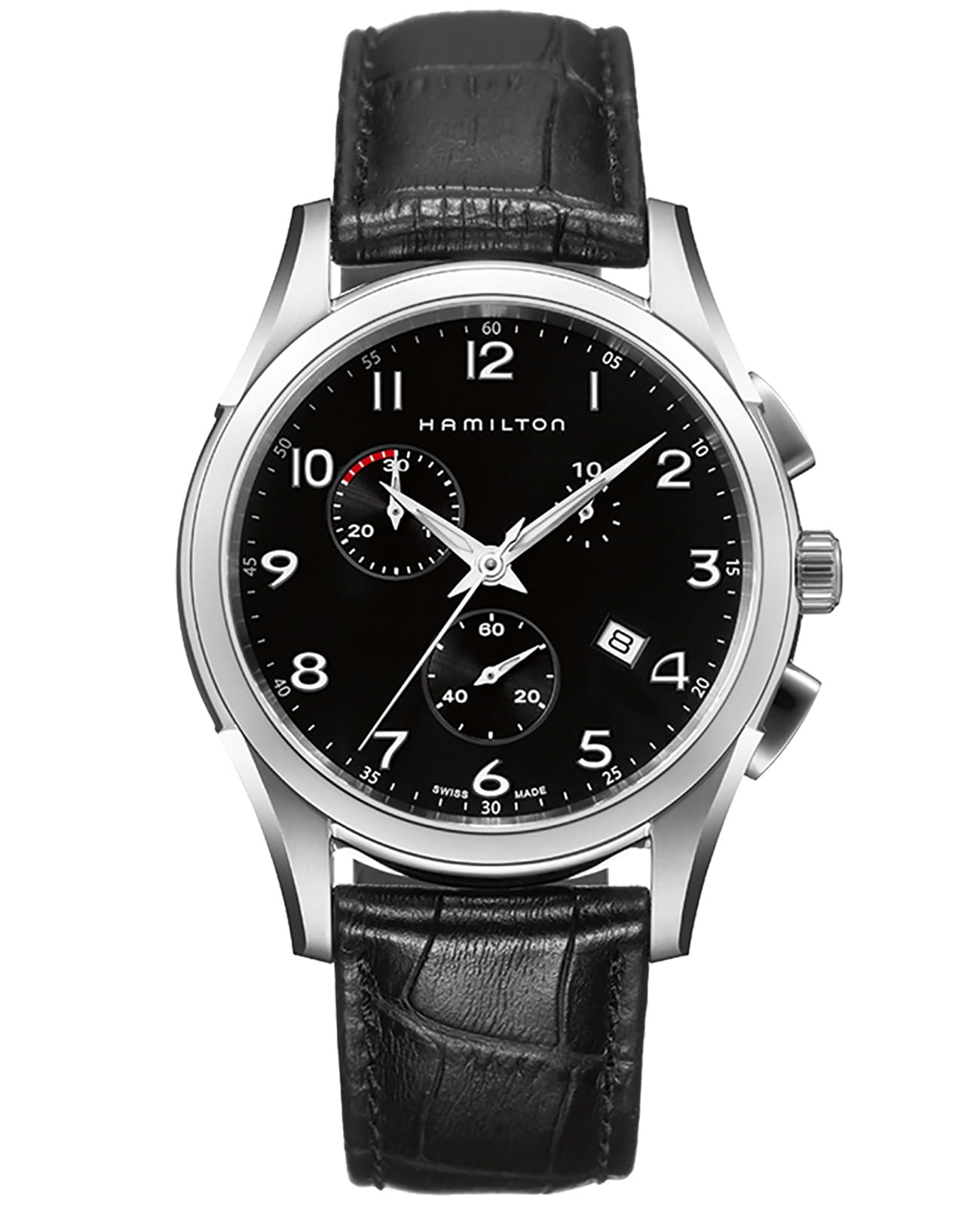 Hamilton Hamilton Jazzmaster Thinline Quartz H38612733  H38612733 кварцевые мужские часы черный циферблат, браслет кожаный — вид спереди