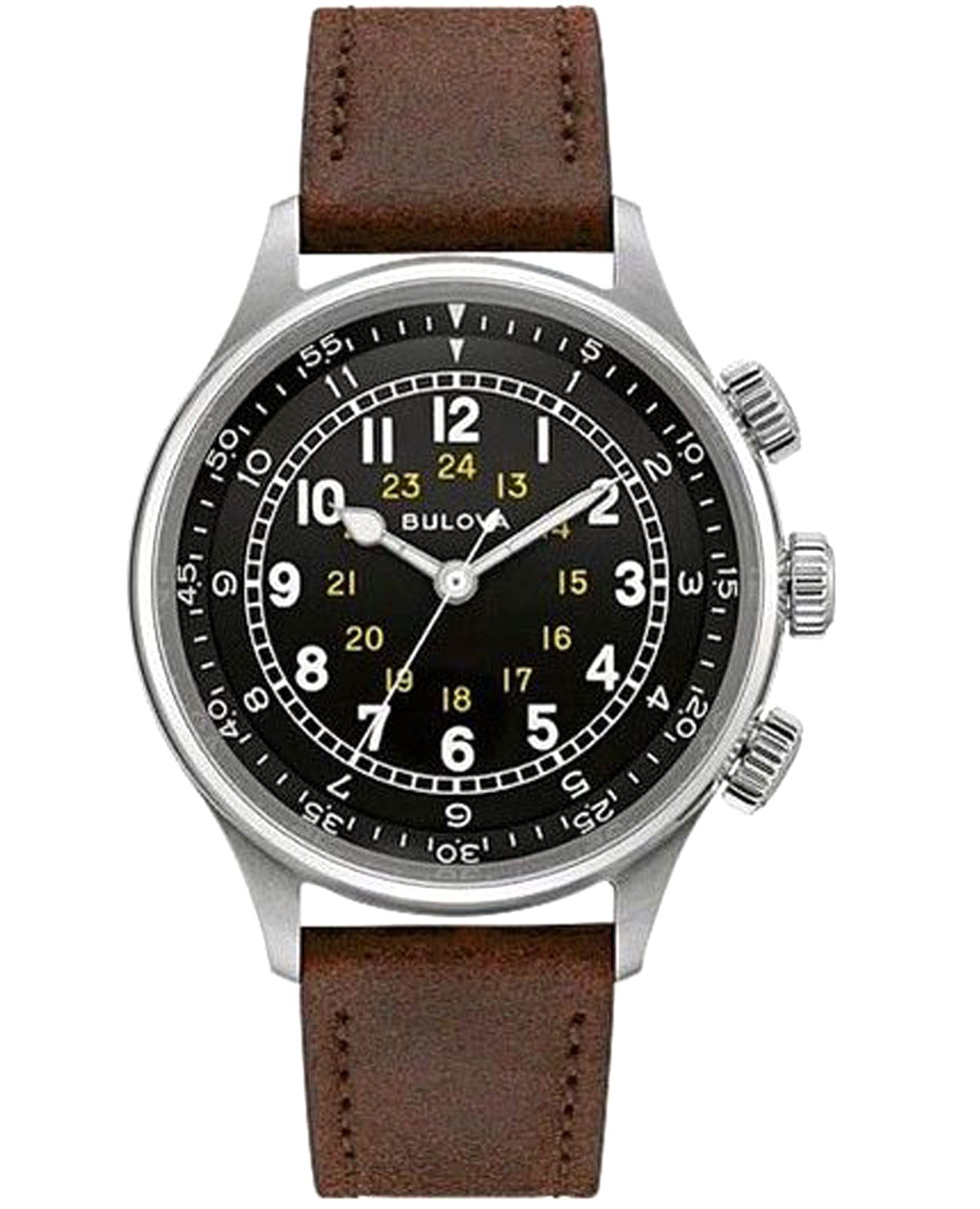 Bulova Bulova Pilot 96A245  96A245 механические мужские часы черный циферблат, браслет кожаный — вид спереди