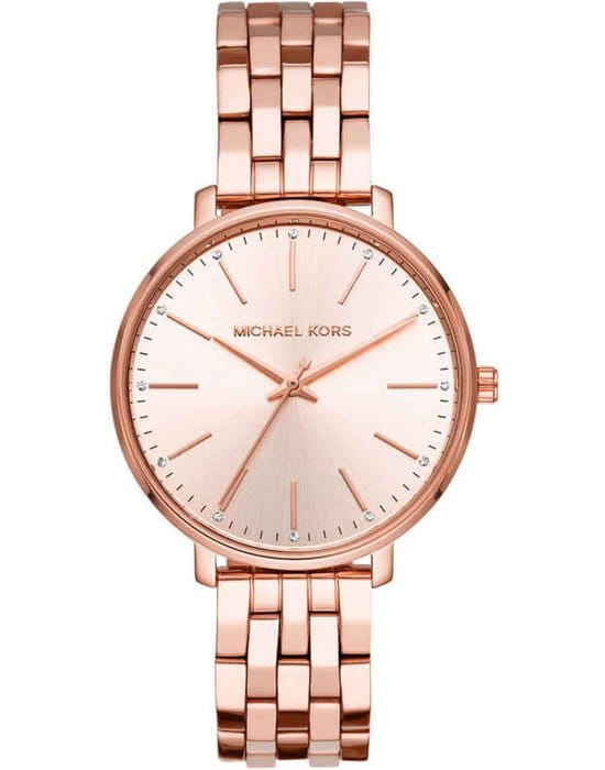 Michael Kors Michael Kors Ritz MK3897  MK3897 кварцевые женские часы розовый циферблат, браслет нержавеющая сталь + золото 18к — вид спереди