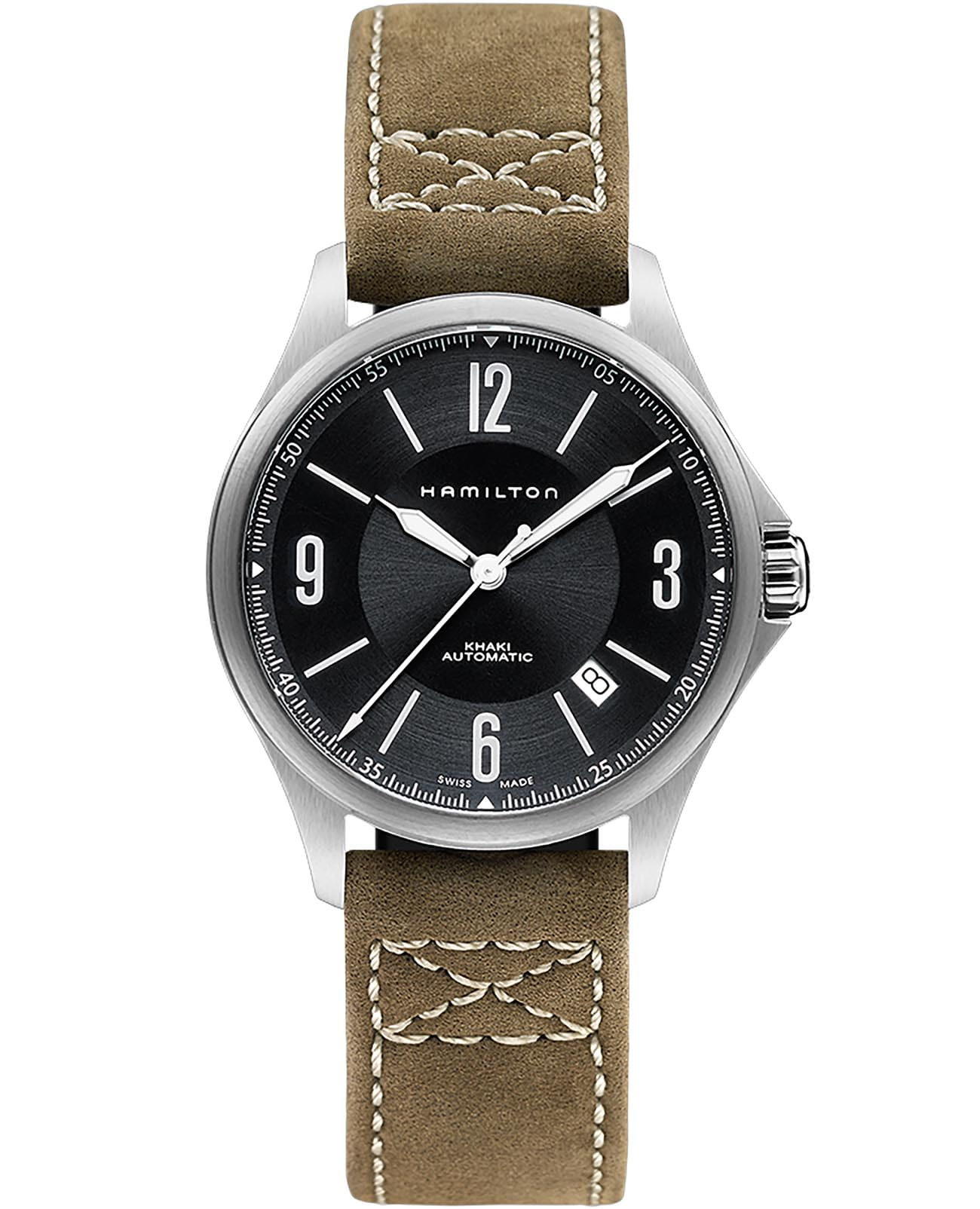 Hamilton Hamilton Khaki Aviation Auto H76565835  H76565835 механические мужские часы черный циферблат, браслет кожаный — вид спереди